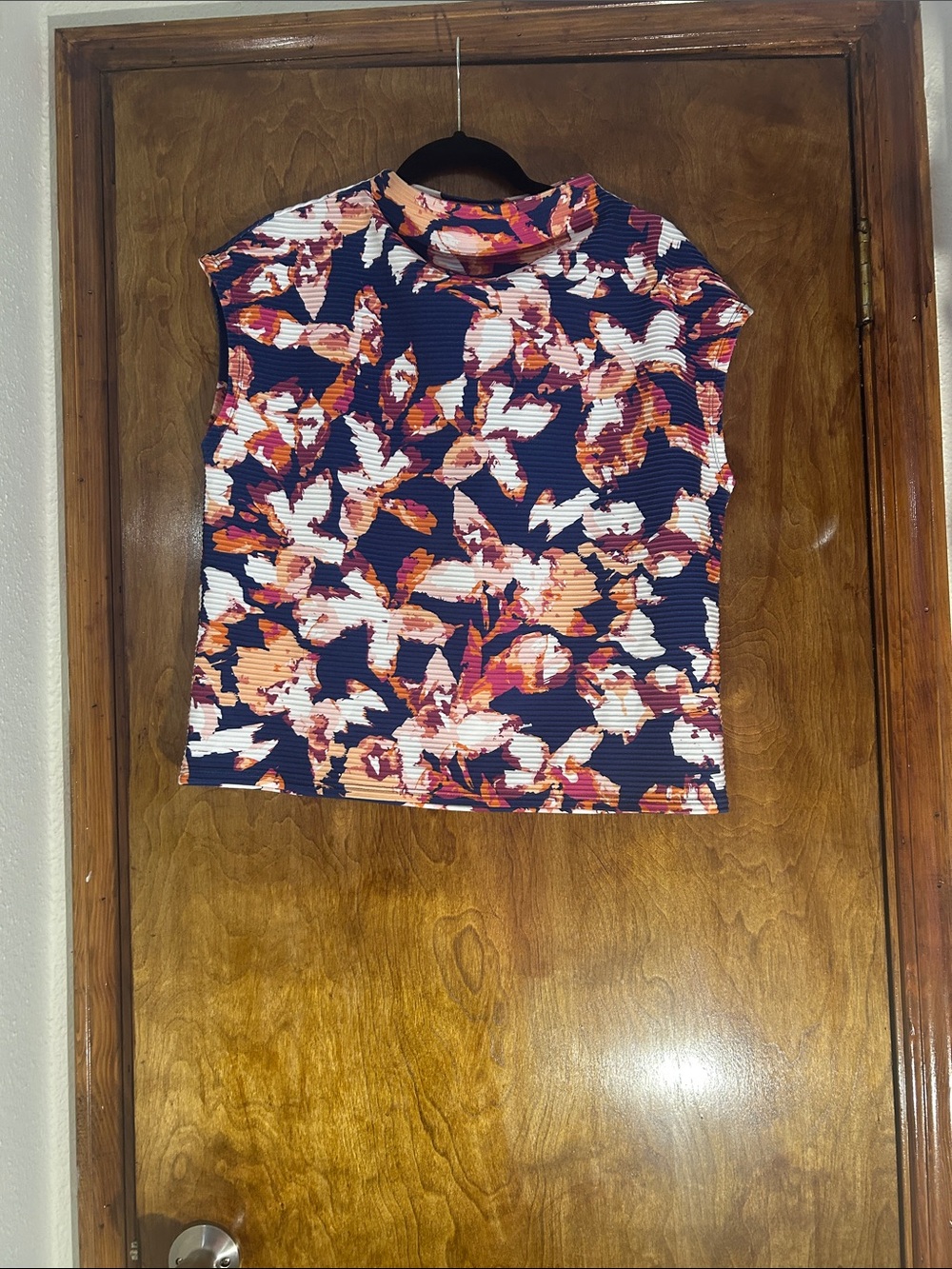Investments Floral Mock-Neck Shell - Navy, Coral & White